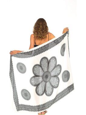 Women's Black White Grey Comfortable Beach Swimsuit Cover Up Flower Sarong Wrap